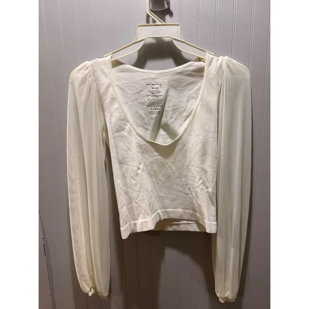 Intimately Free People Ivory Sheer Mesh Puff Sleeve Ribbed‎ Top XS/S